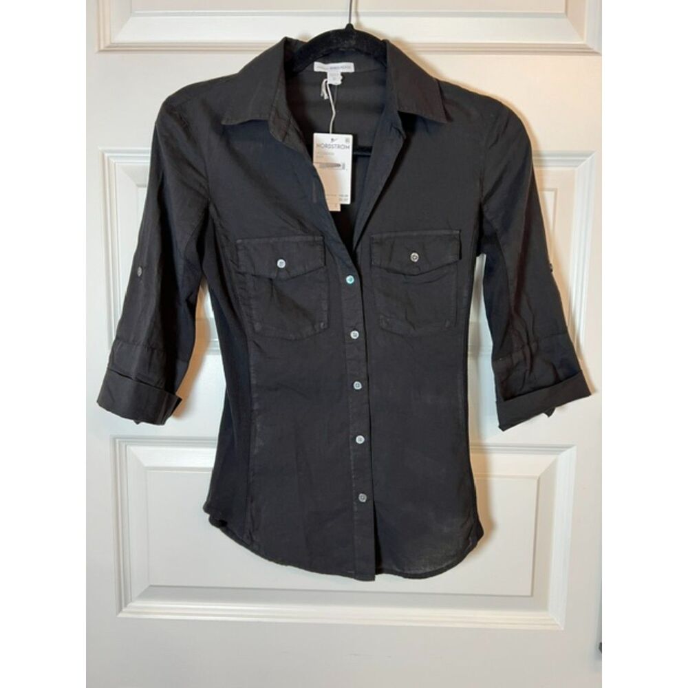 James Perse Sheer Slub Side Panel Shirt Size 0 XS Ribbed Button Down Roll Tab